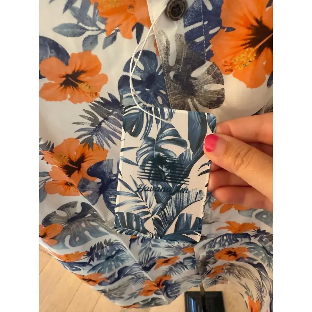 Havana Jim Men's White Blue Floral-Print Hawaiian Shirt Size L